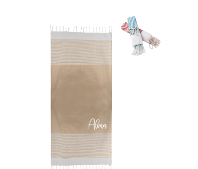 Pareo-toalla personalizado color beige como detalle de boda o comunión para los invitados